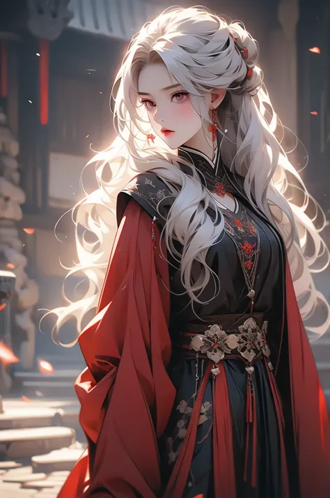 1girl, white hair, red eyes, slender, black gambeson