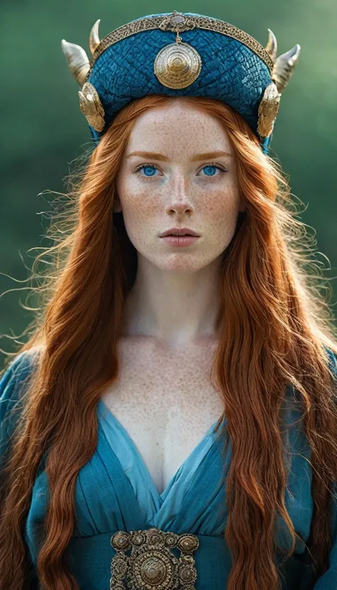 a one woman, Bullish, redheadwear, huge straight hair, blue colored eyes, freckles on the face, ancient nobility clothes