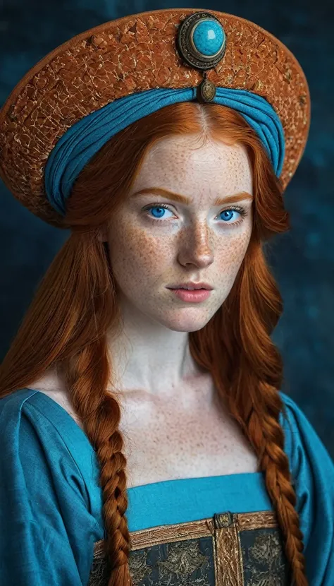 a one woman, Bullish, redheadwear, huge straight hair, blue colored eyes, freckles on the face, ancient nobility clothes