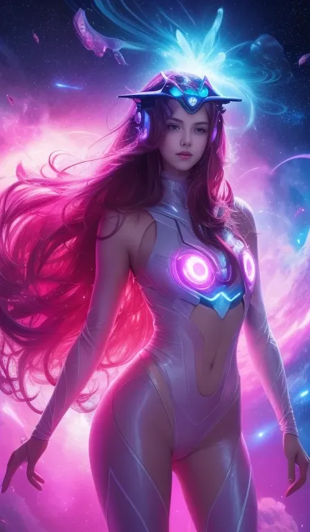 A picture of a woman with long hair，A flower stuck in his hair, Transparent body，Energetic posture，advanced technologies，laser，Milky Way Galaxy background，cosmic energy，sci fi art，concept-art，A futuristic，neon colored,
