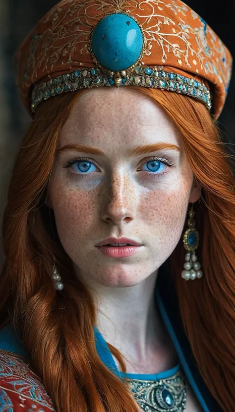 a one woman, Bullish, redheadwear, huge straight hair, blue colored eyes, freckles on the face, ancient royal clothes, with nothing in your head 