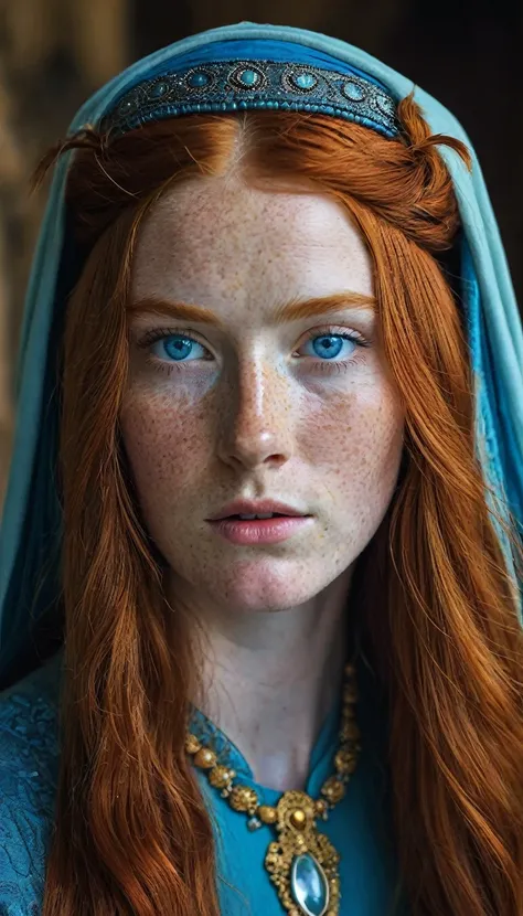 a one woman, Bullish, redheadwear, huge straight hair, blue colored eyes, freckles on the face, ancient royal clothes, with nothing in your head 