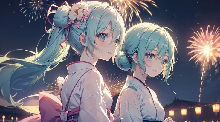 (((Highest quality、masterpiece、Ultra-fine、Ultra-fine、Bun Hair Up,Green Hair,Exquisite、16K、Look up,The best smile,Full HD、profile,,Asahi、,Hatsune Miku,))),( ((profile,,summer,White casual clothes,)))Blue Eyes、Long eyelashes、White skin、(Pale pink lips、Pale p...