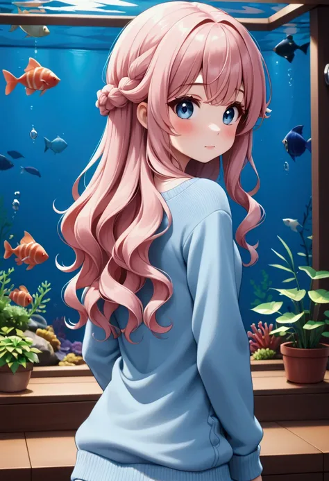 An animated-looking 5-year-old girl sees fish in an aquarium. She is a cute girl. She has large eyes and a young face. She has wavy blond bobbed hair with bangs and pretty blue eyes. Her cheeks are flushed. She is wearing a light pink hoodle with a light b...