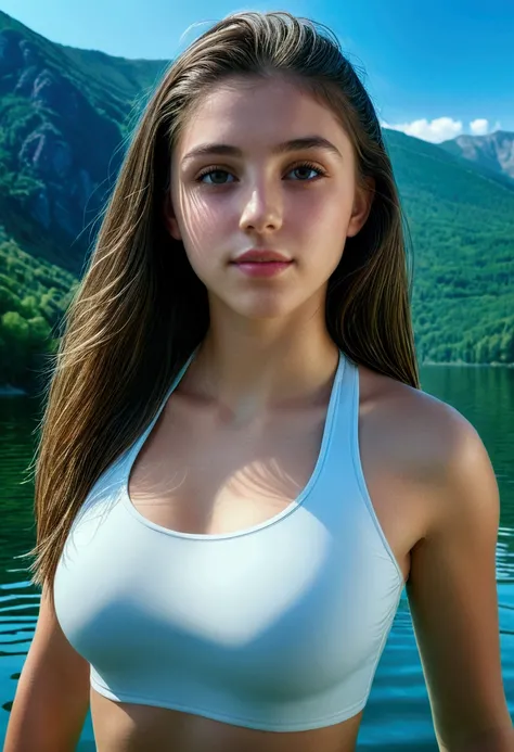 a young beautiful brunette woman, athletic outfit, long hair, 95D bust size, swimming on mountain lake, summer, ultrarealistic, 8k, extremely detailed, hyper realistic, cinematic lighting, dynamic pose, vibrant colors, lush vegetation, stunning scenery, ph...