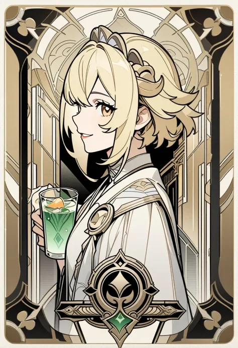 art deco, card, frames, vintage, bar, drinks, art deco poster, high quality, aether, genshin impact, handsome face, cute face, blonde hair, smiling, masterpiece, detailed, line art, straight lines, clear art, 