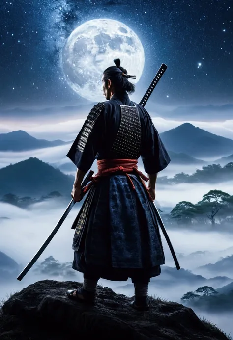 The samurai holds a katana, Starry skies and mist shroud the landscape.