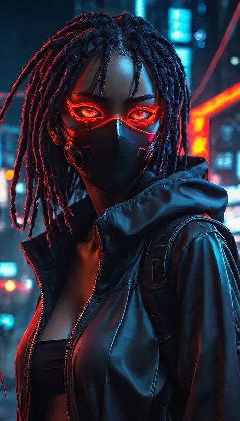 uma mulher African descendent com longos cabelos cacheados e olhos vermelhos usando um capuz de couro preto, wearing half cyberpunk mask , anime foda 8k, 4K anime-style, com eerie glowing red eyes, com eerie glowing red eyes, 4k anime wallpaper, 4k anime w...