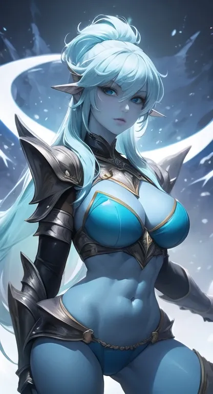 masterpiece, best quality, defined fitness, mythical, ice queen, armor, blue skin,