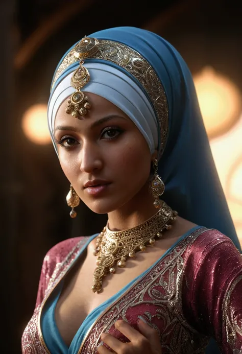 bellydancer, space, javanese, (((hijabi))), cleavage, reflection light, chiaroscuro, depth of field, cinematic lighting, ray tracing, Sony FE GM, UHD, super detail, masterpiece, textured skin, high details, best quality, award winning，3D,hdr（HighDynamicRan...