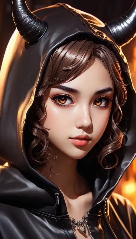 a woman of African descent with long curly hair and brown eyes wearing a black leather hood, anime foda 8k, 4K anime-style, com shiny brown eyes, com shiny brown eyes, 4k anime wallpaper, 4k anime wallpaper, 4k anime wallpaper, 4k anime art wallpaper, 8K a...