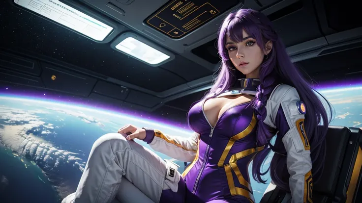 Beautiful Caucasian woman. Slim body. Just a woman. Alone. Western woman. Long hair with 1 braid. Purple hair. Bright purple eyes. Woman cosplaying as an astronaut. Her outfit is a golden astronaut jumpsuit with a large cleavage on her breasts. The woman i...