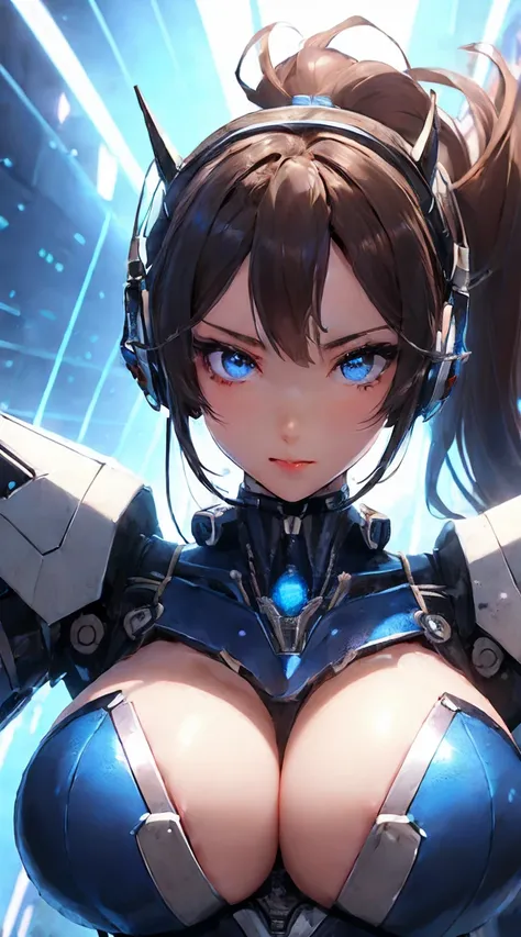 ((Extreme close up:1.6))、(((Shining lenses on both breasts:1.3)))、((Blue pillars of light are emanating from both chests.:1.3))、(((Dynamic pose:1.8)))、((8k)), ((32K)), ((最high quality)), ((masterpiece)), ((超High resolution)), ((Tmasterpiece)), ((Halation:1...