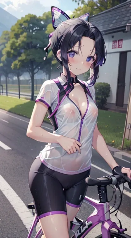 ((((nsfw)))), Nipples, kochou shinobu, (((((Road bike))))), (((Cycling Shorts, Cycling shirts))), (((((bicycleに乗る))))), ((((((Road bikeに跨る)))))), , whole body, boost mood, Ultra-realistic 8K CG，masterpiece,, （（Highly detailed background，Delicate pattern，In...