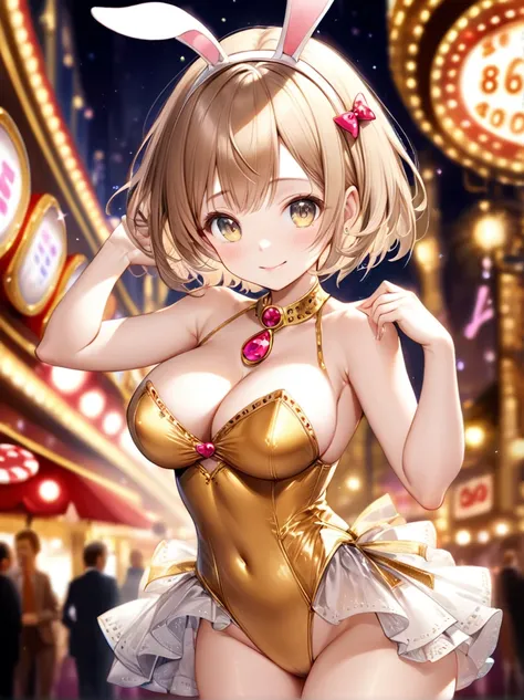 (Highest quality, 8k, 32K, masterpiece, Ultra-high resolution,:1.2),to be born, One Girl,So cute , Casino-like fantasy background, clear, Shining Eyes, Age 25 ,Fair skin, Brown-haired girl, Fantasy Clothing, Short Hair, An innocent smile, Small Dress, nigh...