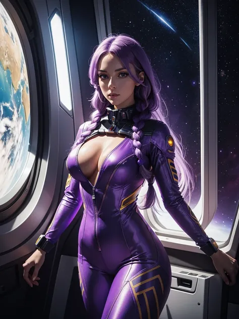 Beautiful Caucasian woman. Slim body. Just a woman. Alone. Western woman. Long hair with 1 braid. Purple hair. Bright purple eyes. Woman cosplaying as an astronaut. Her outfit is a golden astronaut jumpsuit with a large cleavage on her breasts. The woman i...