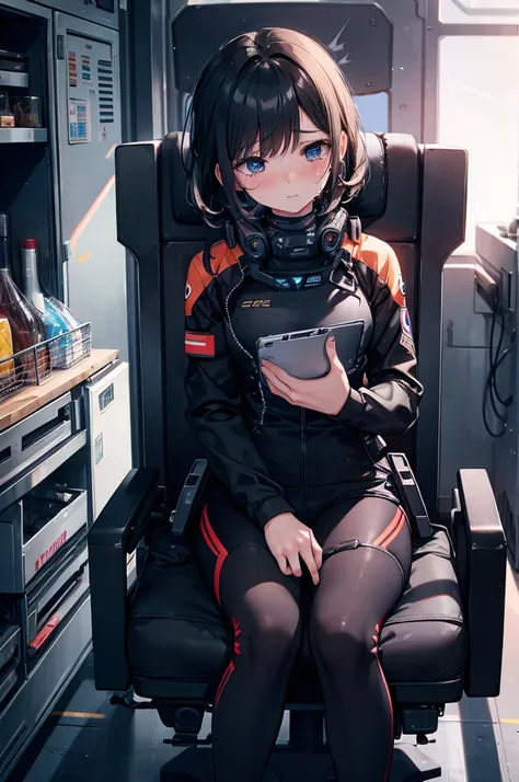  sad tears, sweat, android, operator suit, cockpit, perfect anatomy, cg, girl, solo, teenage, chair