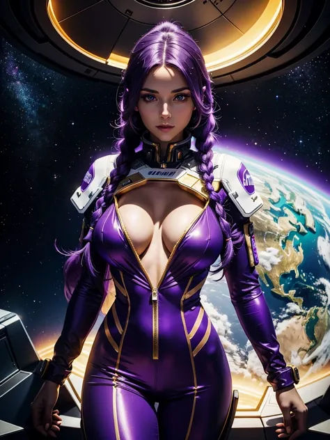 Beautiful Caucasian woman. Slim body. Just a woman. Alone. Western woman. Long hair with 1 braid. Purple hair. Bright purple eyes. Woman cosplaying as an astronaut. Her outfit is a golden astronaut jumpsuit with a large cleavage on her breasts. The woman i...