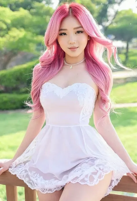 ((high quality:1.2)), (8k), extremely detailed, ((High detail:1.2)), ((best resolution:1.4)), (HotLexi), (Elsa Jean with pink hair), Solo, ((24 years old Korean Ulzzang female:1.45)), ((dress)), (perfect hot body, thick thighs), (standing),