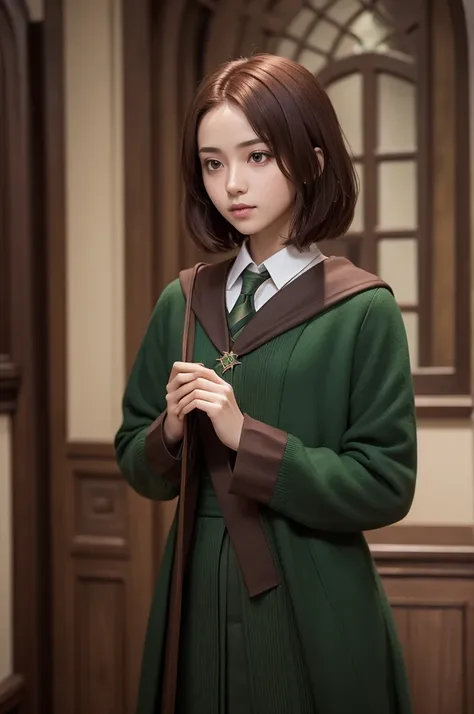  thin with medium cherry hair, medium short, brown skin color, brown eyes, Slytherin house outfit, Slytherin house without being white 