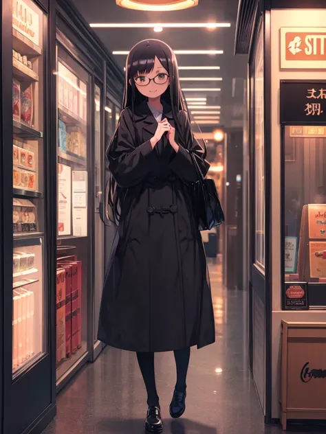 Highest quality, Very detailed, figure, One girl, alone, Glasses, Black Hair, Long Hair, Duffle coat, Black Bag, smile, View your viewers, alone focus, hair panel, Love Hotel, front, indoor, shop, sign,