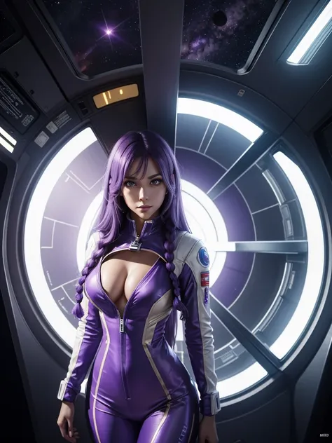 Beautiful Caucasian woman. Slim body. Just a woman. Alone. Western woman. Long hair with 1 braid. Purple hair. Bright purple eyes. Woman cosplaying as an astronaut. Her outfit is a golden astronaut jumpsuit with a large cleavage on her breasts. The woman i...