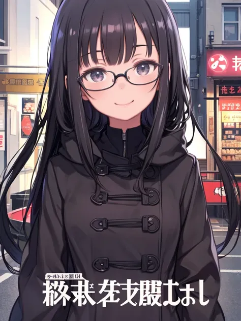 Highest quality, Very detailed, figure, One girl, alone, Glasses, Black Hair, Long Hair, Duffle coat, Black Bag, smile, View your viewers, alone focus, hair panel, Love Hotel, front, indoor, shop, sign、Upper Body、
