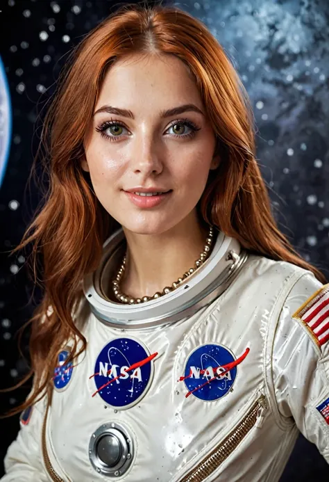 Beautiful hyperrealistic 20 year old woman, busty, Violet Myers with long legs, dressed in the classic astronaut suit from the 60s, full body photography model, natural redhead long straight hair, parts, soaked and wet skin, dark eye makeup with eyeliner, ...