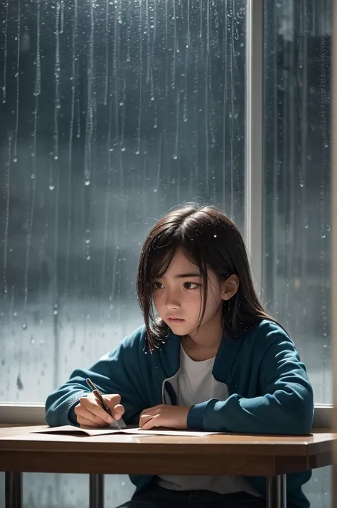 create a gif of a teenager sitting at a table, surrounded by books and notes. Out there, A chuva cai suavemente, visible through jANELA. Every few seconds, the teenager pauses to look out the window, appearing relaxed and focused. The sound of rain can be ...