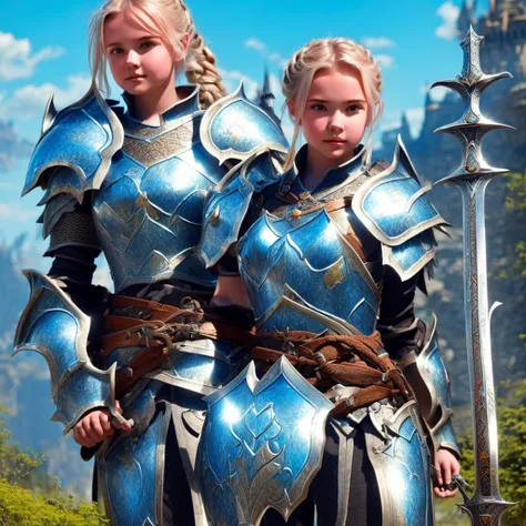  ((A girl wearing giant armor and holding a large sword)) Top view composition Western fantasy game style castle　giant girl　Female Giant　Tall Girl　Big Breasts　Cleavage　 ((A girl wearing giant armor and holding a large sword)) big shield big sword blue sky ...