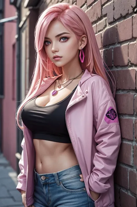 (masterpiece, Best quality, 1 girl, One, complex parts, chromatic aberration), realistic, ((average breathing)),long hair, pink hair, red head decoration, pink highlights, hair over one eye,purple eyes, earrings, keen eyes, necklace, neon shirt, open jacke...