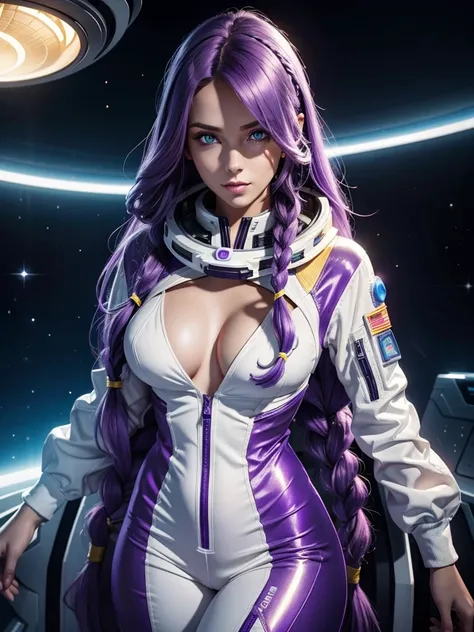 Beautiful Caucasian woman. Slim body. Just a woman. Alone. Western woman. Long hair with 1 braid. Purple hair. Bright purple eyes. Woman cosplaying as an astronaut. Her outfit is a golden astronaut jumpsuit with a large cleavage on her breasts. The woman i...