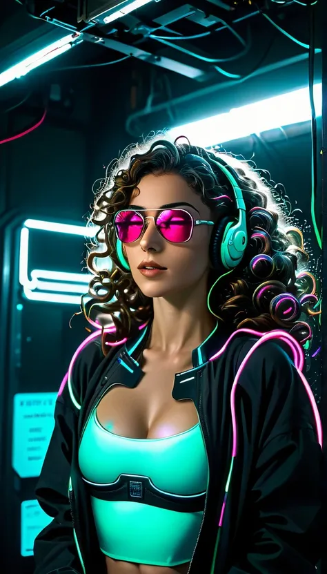 Brown Hair . Beautiful woman with curly hair and sunglasses、Wearing full-sized headphones、Neon glow of neon cyberpunk coordinator at night in a dark room。