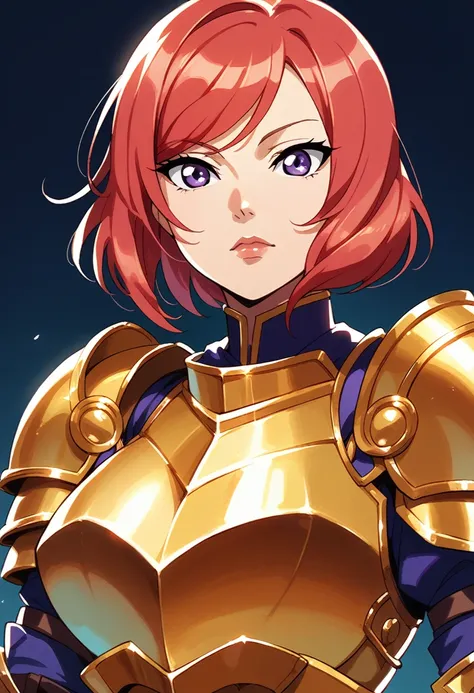 Nishikino maki, Purple eyes, red hair, short hair,(armor:1.2),Golden Armor , llchar,  upper body,solo, face close up,big breasts,(lipstick:0.7)