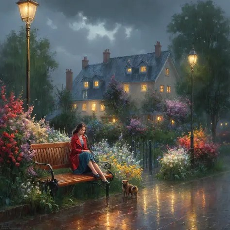 picture of a girl with flowers, sitting on a bench in the rain, near the house, In the evening, by Pablo Munoz Gomez, rainy evening, Thomas Kinkade, inspired by Vadim Kashin, и Мамфорд и Thomas Kinkade, inspired by Jakub Schikaneder, The entry is a couplet...