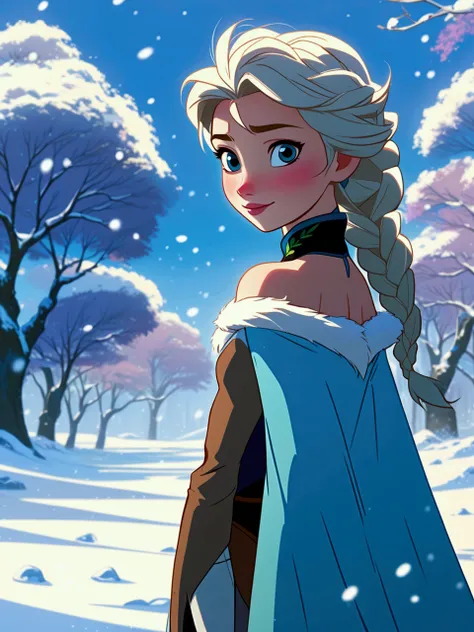 Anime film capture of Elsa from Frozen, standing in the snow. Style by Studio Ghibli. Style by Makoto Shinkai. 