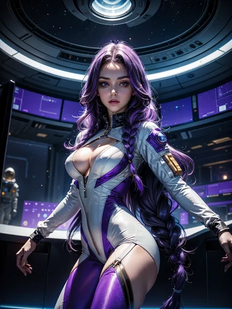 Beautiful Caucasian woman. Slim body. Just a woman. Alone. Western woman. Long hair with 1 braid. Purple hair. Bright purple eyes. Woman cosplaying as an astronaut. Her outfit is a golden astronaut jumpsuit with a large cleavage on her breasts. The woman i...