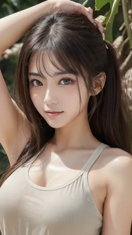 ((Highest quality, 8k, masterpiece :1.3)),One Japanese girl, Beautiful woman with slim abdominal muscles :1.3, (messy hair :1.2), Oversized tank top :1.2, Highly detailed face, Detailed eyes, double eyelid, Underarm、Sweaty tank top、amount、seductive smile