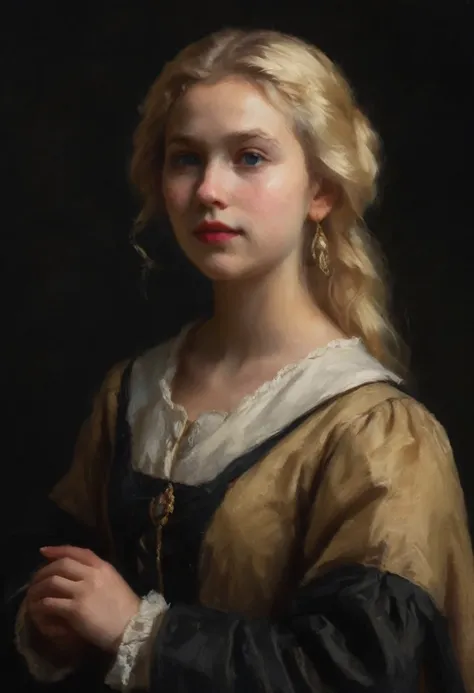 score_9, score_8_up, score_7_up, score_6_up, score_5_up, score_4_up, A blonde girl standing, royal clothes, black background, dramatic diagonal lighting, painterly, realistic painting, soft feature, detailed hands, detailed, rembrandt lighting, artwork of ...