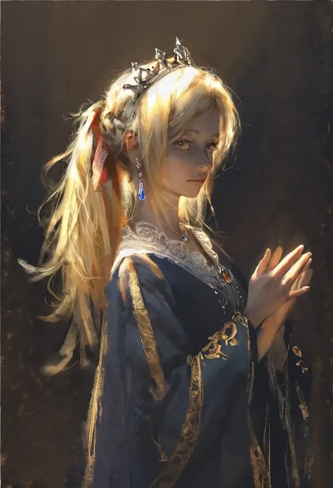 score_9, score_8_up, score_7_up, score_6_up, score_5_up, score_4_up, A blonde girl standing, royal clothes, black background, dramatic diagonal lighting, painterly, realistic painting, soft feature, detailed hands, detailed, rembrandt lighting, artwork of ...