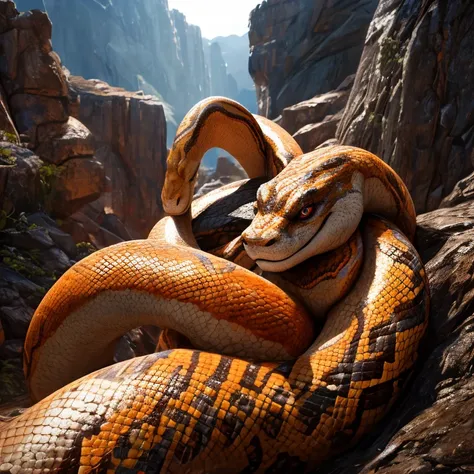 One detailed anthropomorphic snake, Solo, fit twink body, nude, tribal markings, white lip python, (best quality, 4k, 8k, highres, Masterpiece), ultra-detailed, (realistic, photorealistic, photo-realistic), dramatic lighting, vivid colors, stunning, intric...