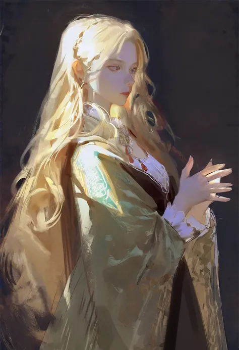 score_9, score_8_up, score_7_up, score_6_up, score_5_up, score_4_up, A blonde girl standing, royal clothes, no tiara, loose long hair, black background, dramatic diagonal lighting, painterly, realistic painting, soft feature, detailed hands, detailed, remb...