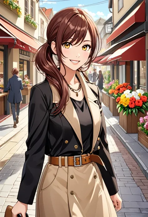 1girl, solo, osaki amana, long hair, jacket, open mouth, nail polish, jewelry, smile, twintails, looking at viewer, scarf, long sleeves, belt, brown hair, bangs, brown eyes, necklace, shirt, black shirt, swept bangs, :d, upper body, open clothes, yellow ey...