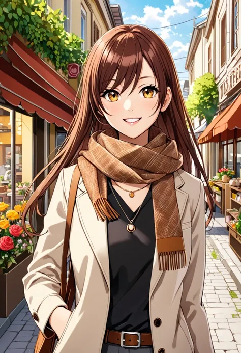 1girl, solo, osaki amana, long hair, jacket, open mouth, nail polish, jewelry, smile, twintails, looking at viewer, scarf, long sleeves, belt, brown hair, bangs, brown eyes, necklace, shirt, black shirt, swept bangs, :d, upper body, open clothes, yellow ey...