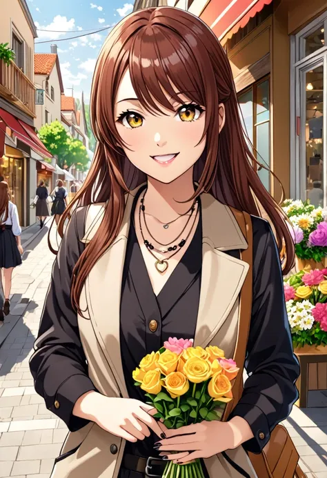 1girl, solo, osaki amana, long hair, jacket, open mouth, nail polish, jewelry, smile, twintails, looking at viewer, scarf, long sleeves, belt, brown hair, bangs, brown eyes, necklace, shirt, black shirt, swept bangs, :d, upper body, open clothes, yellow ey...