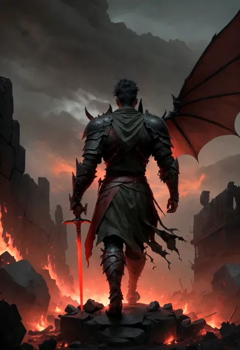 "Create a dramatic fantasy book cover featuring the back of a lone warrior standing on a burned, ashen ground, holding a sword. He faces a massive, dark green wyvern, whose menacing head looms up close in front of him. The surroundings are charred and smok...