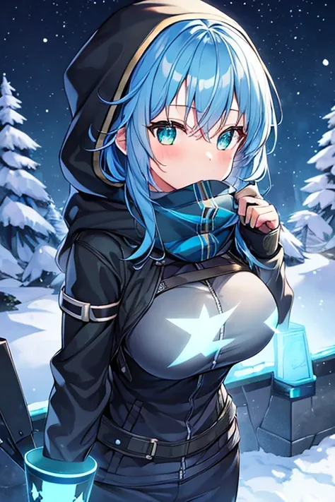 1girl, blue hair, medium hair, large breasts, breasts, green eyes, scarf, covered mouth, jacket, forest, snow, black jacket, hoddie, hooded jacket, hood on, hood up, zipper, gloves, glowing hair, glowing eyes, light blue hair, sky blue hair, night sky, sky...