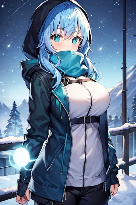 1girl, blue hair, medium hair, large breasts, breasts, green eyes, scarf, covered mouth, jacket, forest, snow, black jacket, hoddie, hooded jacket, hood on, hood up, zipper, gloves, glowing hair, glowing eyes, light blue hair, sky blue hair, night sky, sky...