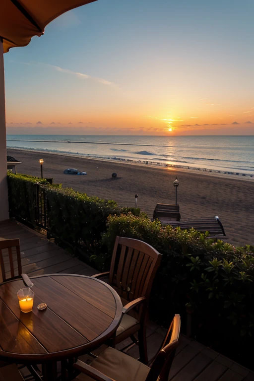 Sunset landscape by the sea from the terrace of a beach restaurant