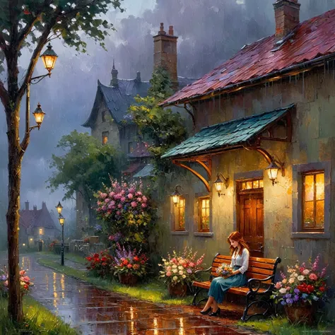 picture of a girl with flowers, sitting on a bench in the rain, near the house, in the evening, by pablo munoz gomez, rainy even...